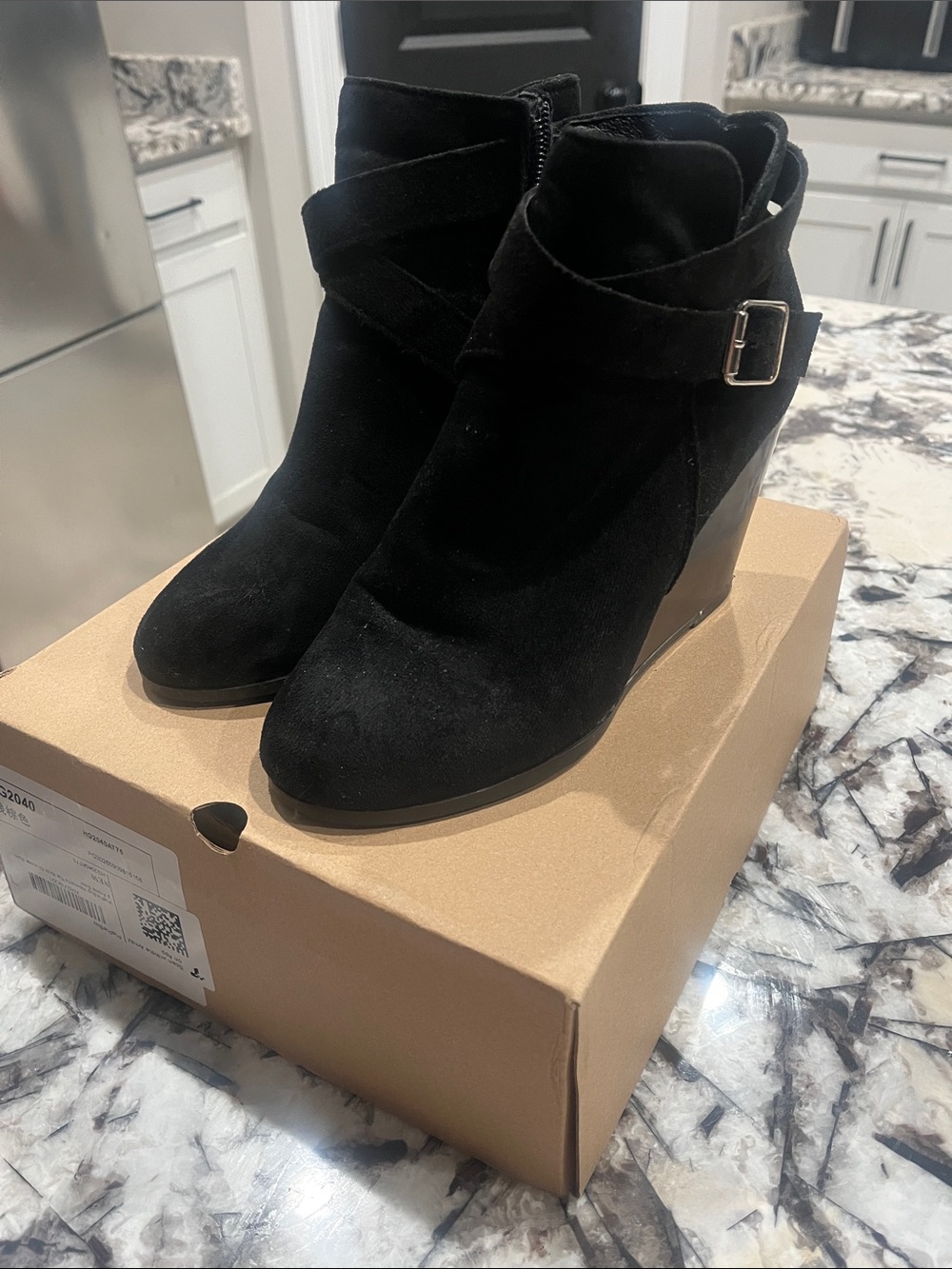 Black Suede Wedge Ankle Booties with Buckle Strap
